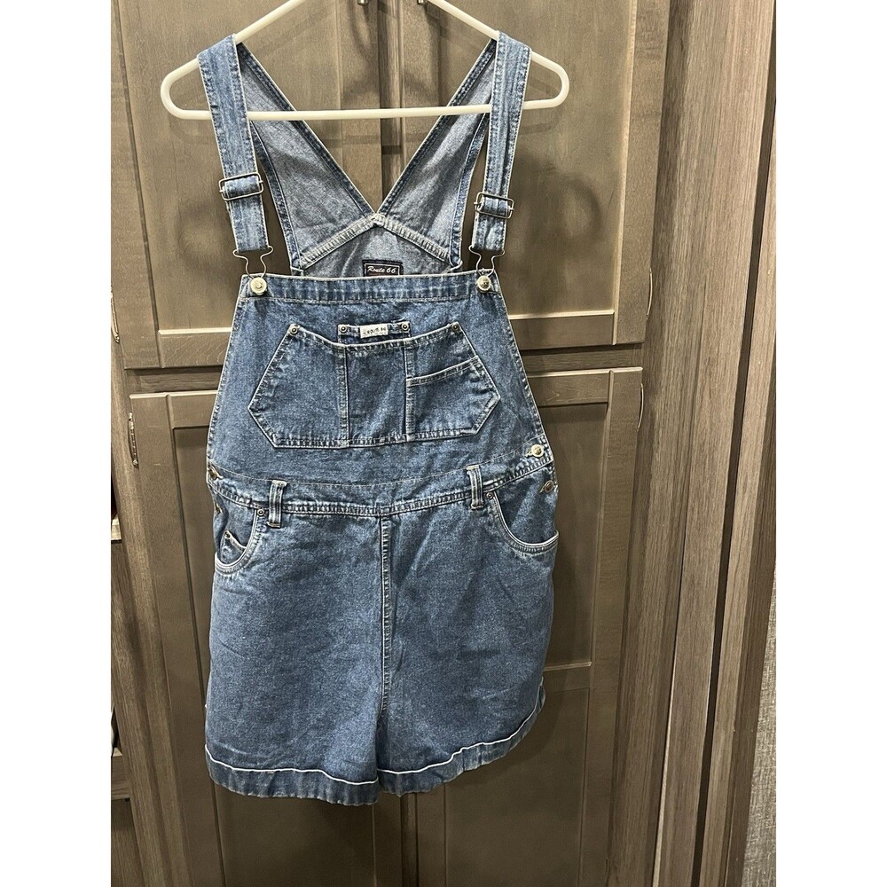 Vintage Route 66 Denim Bib Overall Shorts Size Large Blue
